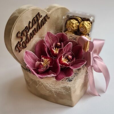 Refined greeting card with orchids and chocolate