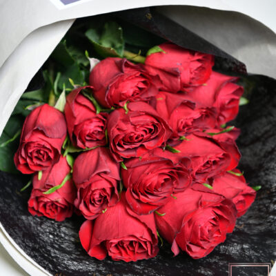 A bouquet of 15 red roses in an elegant package