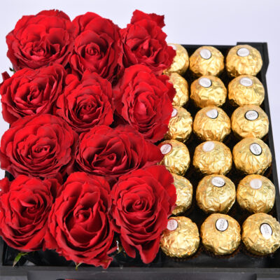 A seductive package of roses and chocolates